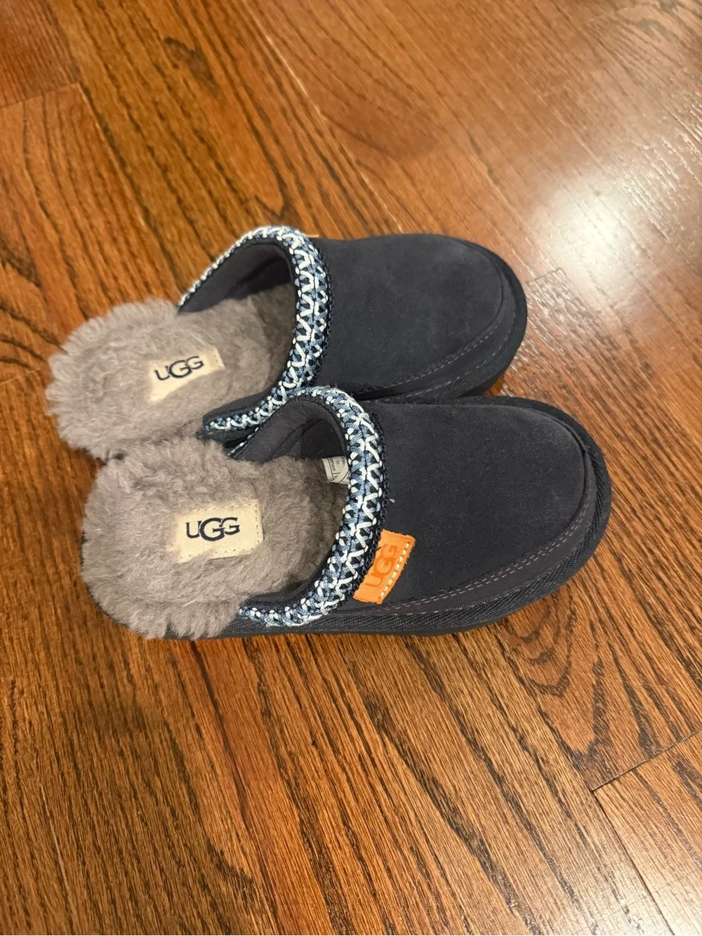 UGG Kids Navy Suede Shearling-Lined Clog Slippers